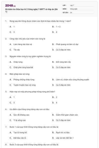 Đề kiểm tra Giữa học kì 2 Công nghệ 7 KNTT có đáp án (Đề 1)