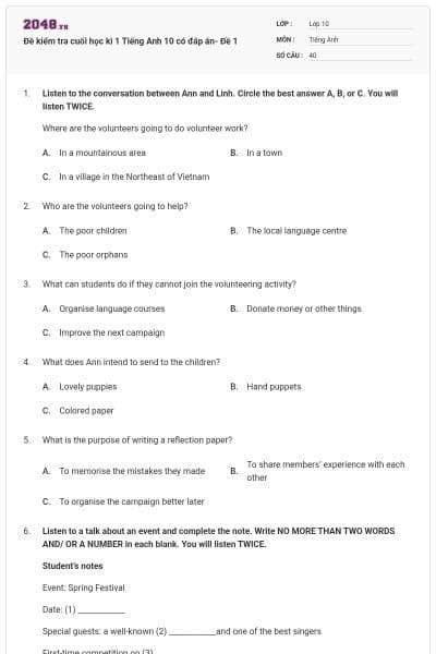 Đề kiểm tra cuối học kì 1 Tiếng Anh 10 có đáp án- Đề 1