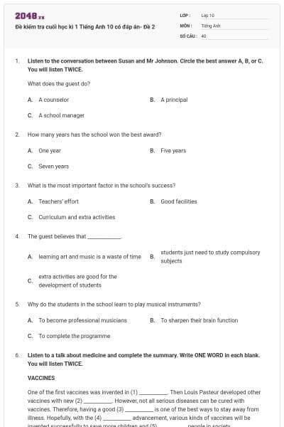 Đề kiểm tra cuối học kì 1 Tiếng Anh 10 có đáp án- Đề 2
