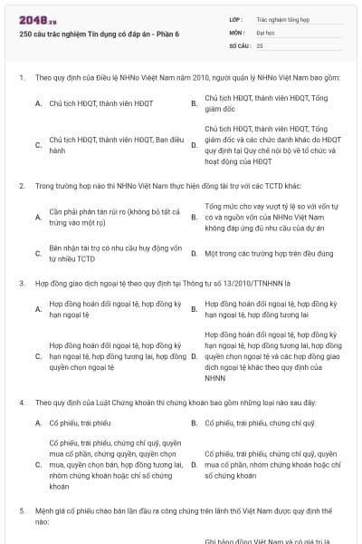 250 câu trắc nghiệm Tín dụng có đáp án - Phần 6
