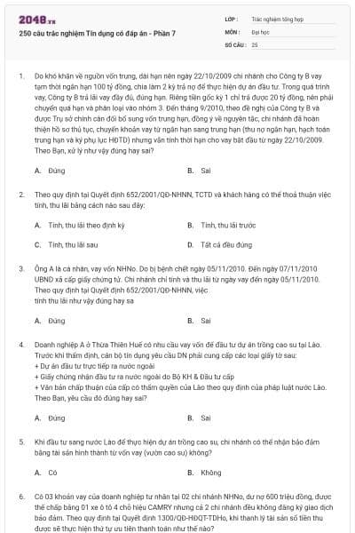 250 câu trắc nghiệm Tín dụng có đáp án - Phần 7