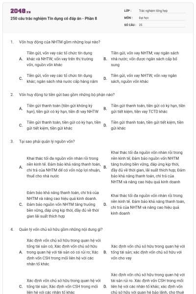 250 câu trắc nghiệm Tín dụng có đáp án - Phần 8
