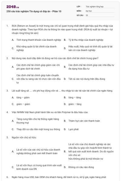 250 câu trắc nghiệm Tín dụng có đáp án - Phần 10