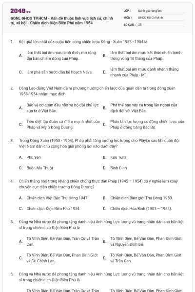 ĐGNL ĐHQG TP.HCM - Vấn đề thuộc lĩnh vực lịch sử, chính trị, xã hội - Chiến dịch Điện Biên Phủ năm 1954