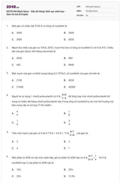 ĐGTD ĐH Bách khoa - Vấn đề thuộc lĩnh vực sinh học - Gen và mã di truyền