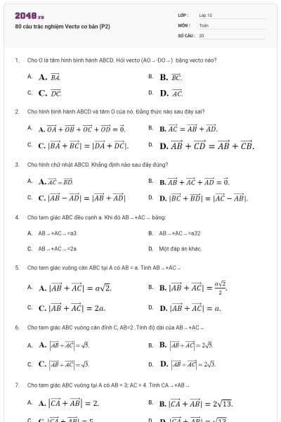 80 câu trắc nghiệm Vectơ cơ bản (P2)