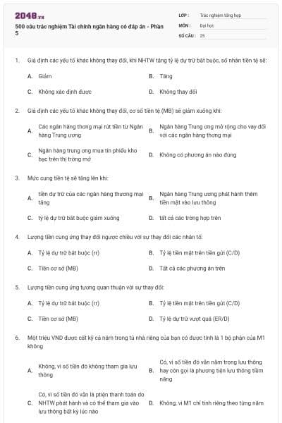 500 câu trắc nghiệm Tài chính ngân hàng có đáp án - Phần 5