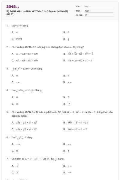 Bộ 24 Đề kiểm tra Giữa kì 2 Toán 11 có đáp án (Mới nhất) (Đề 21)