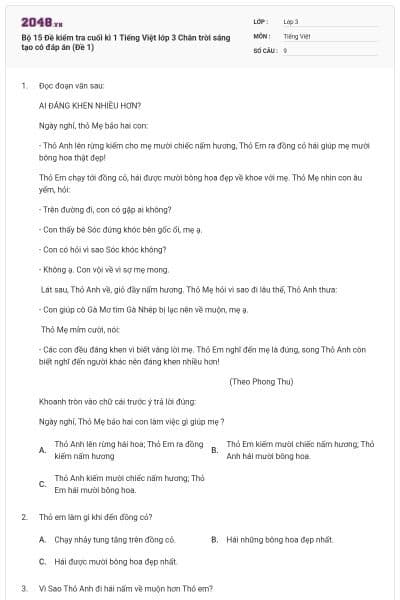 Bộ 15 Đề kiểm tra cuối kì 1 Tiếng Việt lớp 3 Chân trời sáng tạo có đáp án (Đề 1)