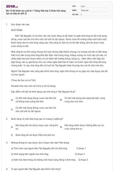 Bộ 15 Đề kiểm tra cuối kì 1 Tiếng Việt lớp 3 Chân trời sáng tạo có đáp án (Đề 2)