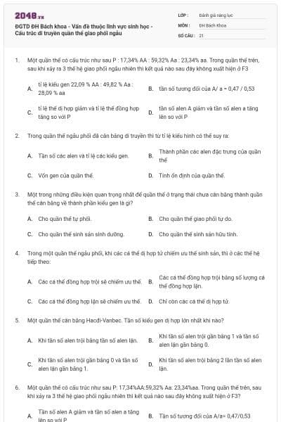 ĐGTD ĐH Bách khoa - Vấn đề thuộc lĩnh vực sinh học - Cấu trúc di truyền quần thể giao phối ngẫu