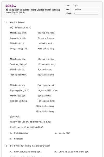 Bộ 15 Đề kiểm tra cuối kì 1 Tiếng Việt lớp 3 Chân trời sáng tạo có đáp án (Đề 3)