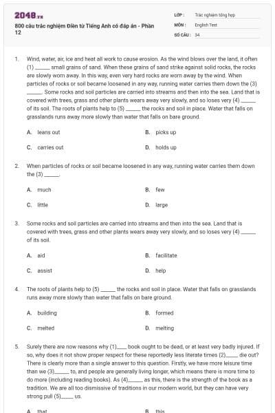 800 câu trắc nghiệm Điền từ Tiếng Anh có đáp án - Phần 12