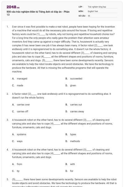 800 câu trắc nghiệm Điền từ Tiếng Anh có đáp án - Phần 13