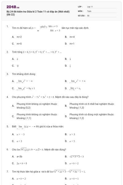 Bộ 24 Đề kiểm tra Giữa kì 2 Toán 11 có đáp án (Mới nhất) (Đề 22)