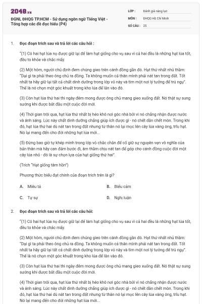 ĐGNL ĐHQG TP.HCM - Sử dụng ngôn ngữ Tiếng Việt - Tổng hợp các đề đọc hiểu (P4)