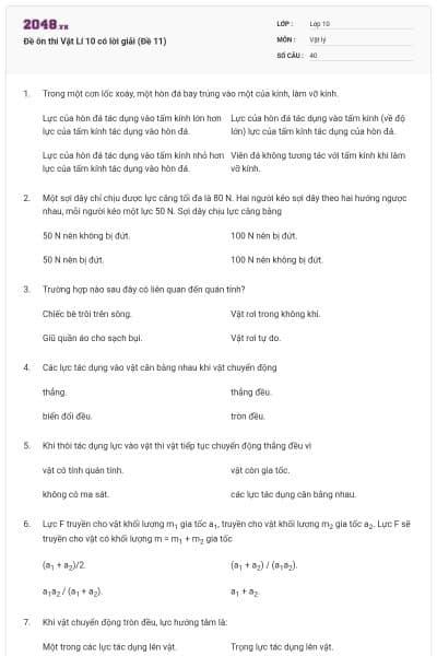 Đề ôn thi Vật Lí 10 có lời giải (Đề 11)