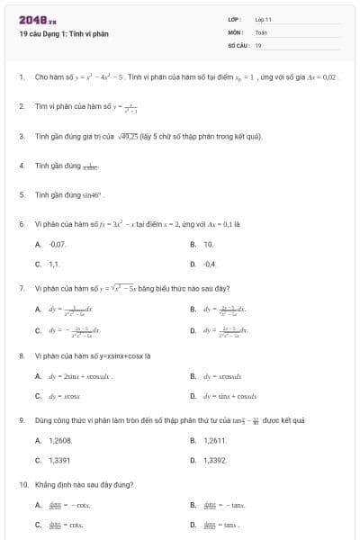 19 câu Dạng 1: Tính vi phân