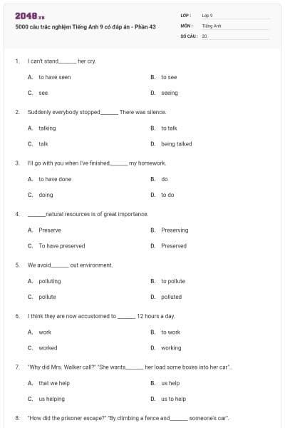 5000 câu trắc nghiệm Tiếng Anh 9 có đáp án - Phần 43
