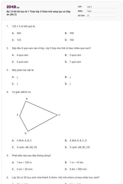 Bộ 15 Đề thi học kì 1 Toán lớp 3 Chân trời sáng tạo có đáp án (Đề 2)