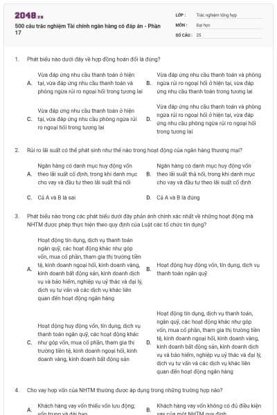 500 câu trắc nghiệm Tài chính ngân hàng có đáp án - Phần 17