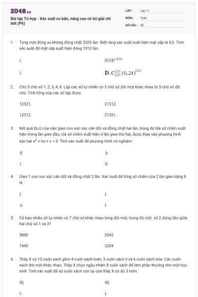 Bài tập Tổ hợp - Xác suất cơ bản, nâng cao có lời giải chi tiết (P6)