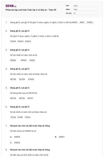 Phiếu bài tập cuối tuần Toán lớp 3 có đáp án - Tuần 28