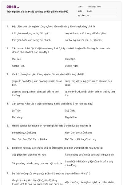 Trắc nghiệm đề thi Địa lý cực hay có lời giải chi tiết (P1)