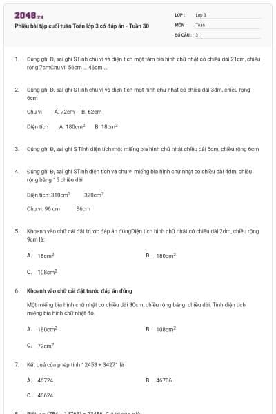 Phiếu bài tập cuối tuần Toán lớp 3 có đáp án - Tuần 30