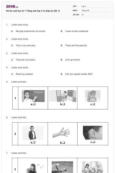 Đề thi cuối học kì 1 Tiếng anh lớp 3 có đáp án (Đề 1)