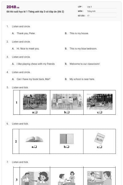Đề thi cuối học kì 1 Tiếng anh lớp 3 có đáp án (Đề 2)