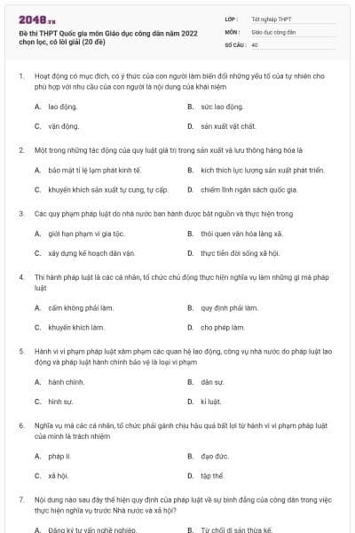 Đề thi THPT Quốc gia môn Giáo dục công dân năm 2022 chọn lọc, có lời giải (20 đề)