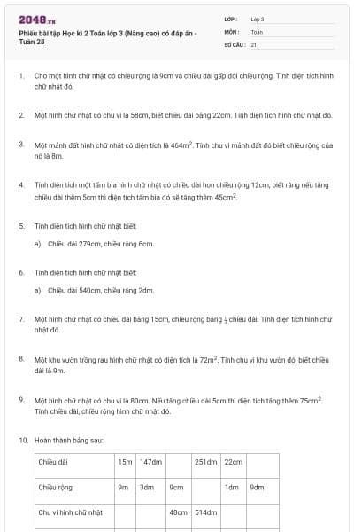 Phiếu bài tập Học kì 2 Toán lớp 3 (Nâng cao) có đáp án -Tuần 28