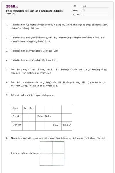 Phiếu bài tập Học kì 2 Toán lớp 3 (Nâng cao) có đáp án -Tuần 29