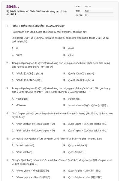 Bộ 10 đề thi Giữa kì 1 Toán 10 Chân trời sáng tạo có đáp án - Đề 1