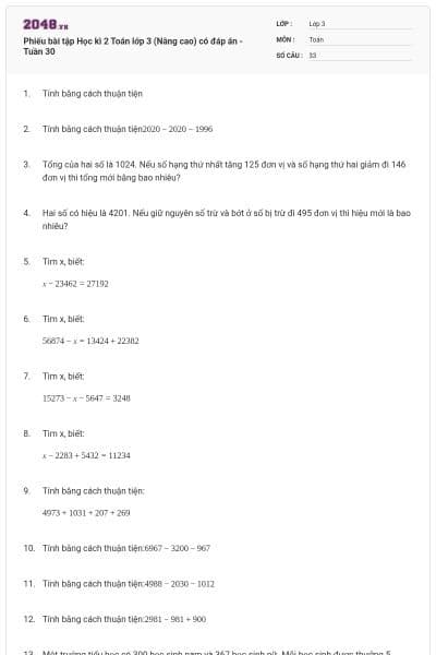 Phiếu bài tập Học kì 2 Toán lớp 3 (Nâng cao) có đáp án -Tuần 30