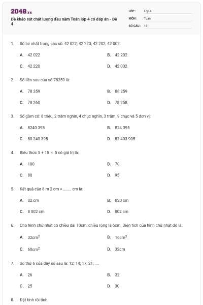 Đề khảo sát chất lượng đầu năm Toán lớp 4 có đáp án - Đề 4
