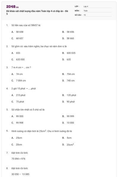 Đề khảo sát chất lượng đầu năm Toán lớp 4 có đáp án - Đề 5