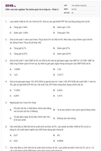 550+ câu trắc nghiệm Tài chính quốc tế có đáp án - Phần 2