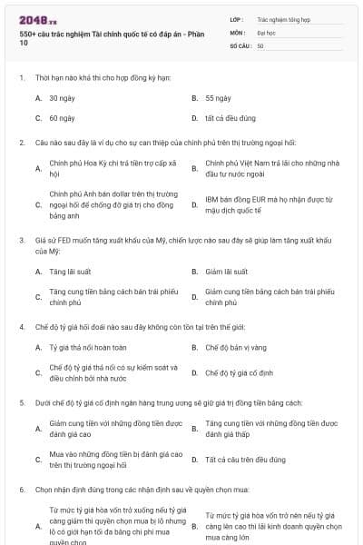 550+ câu trắc nghiệm Tài chính quốc tế có đáp án - Phần 10