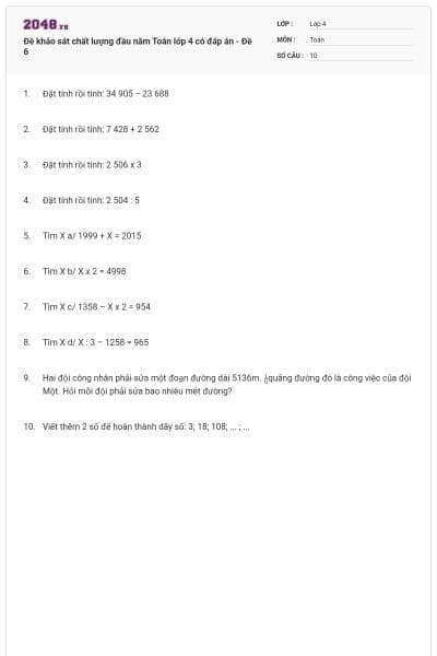 Đề khảo sát chất lượng đầu năm Toán lớp 4 có đáp án - Đề 6