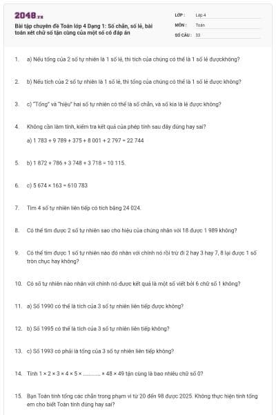 Bài tập chuyên đề Toán lớp 4 Dạng 1: Số chẵn, số lẻ, bài toán xét chữ số tận cùng của một số có đáp án