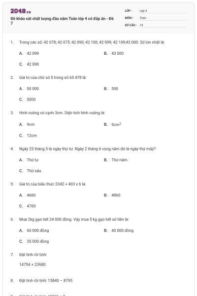 Đề khảo sát chất lượng đầu năm Toán lớp 4 có đáp án - Đề 7