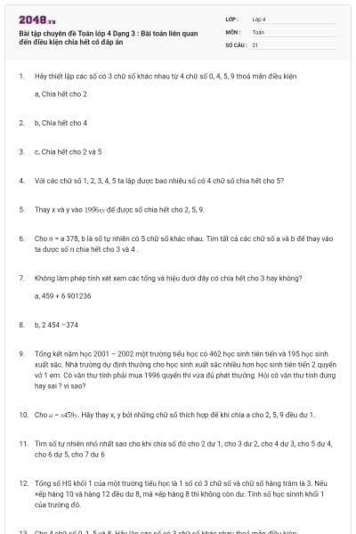 Bài tập chuyên đề Toán lớp 4 Dạng 3 : Bài toán liên quan đến điều kiện chia hết có đáp án