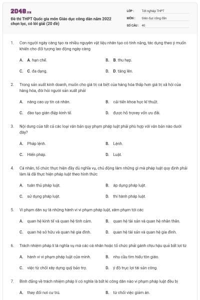 Đề thi THPT Quốc gia môn Giáo dục công dân năm 2022 chọn lọc, có lời giải (20 đề)