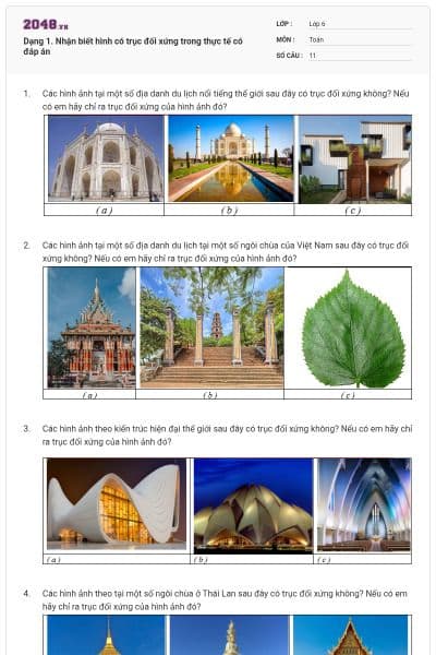 Dạng 1. Nhận biết hình có trục đối xứng trong thực tế có đáp án