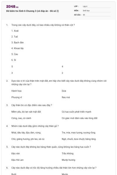 Đề kiểm tra Sinh 6 Chương 3 (có đáp án - Đề số 2)