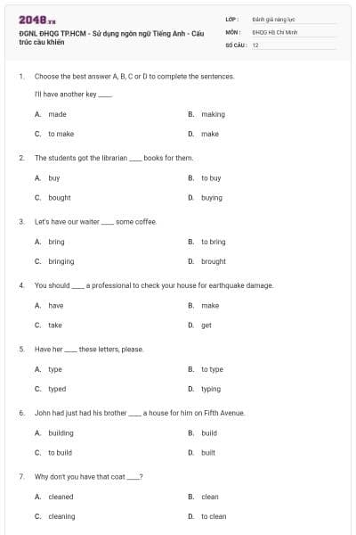 ĐGNL ĐHQG TP.HCM - Sử dụng ngôn ngữ Tiếng Anh - Cấu trúc cầu khiến