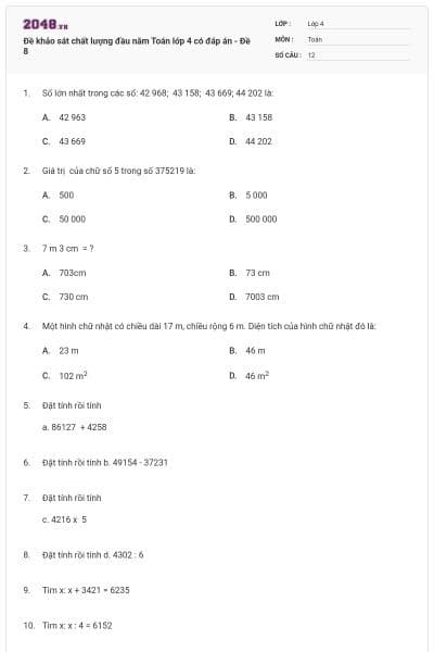 Đề khảo sát chất lượng đầu năm Toán lớp 4 có đáp án - Đề 8