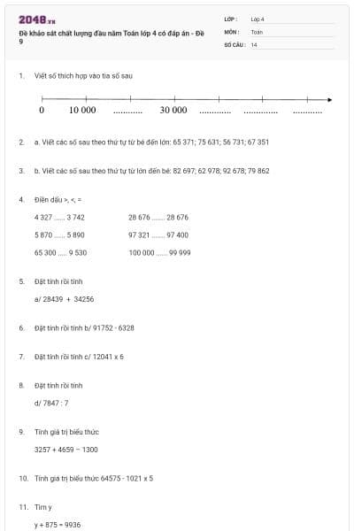 Đề khảo sát chất lượng đầu năm Toán lớp 4 có đáp án - Đề 9